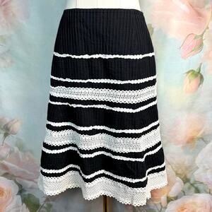 Talbots Petites Black & White Cotton Pleated Lace Trim A-Line Skirt